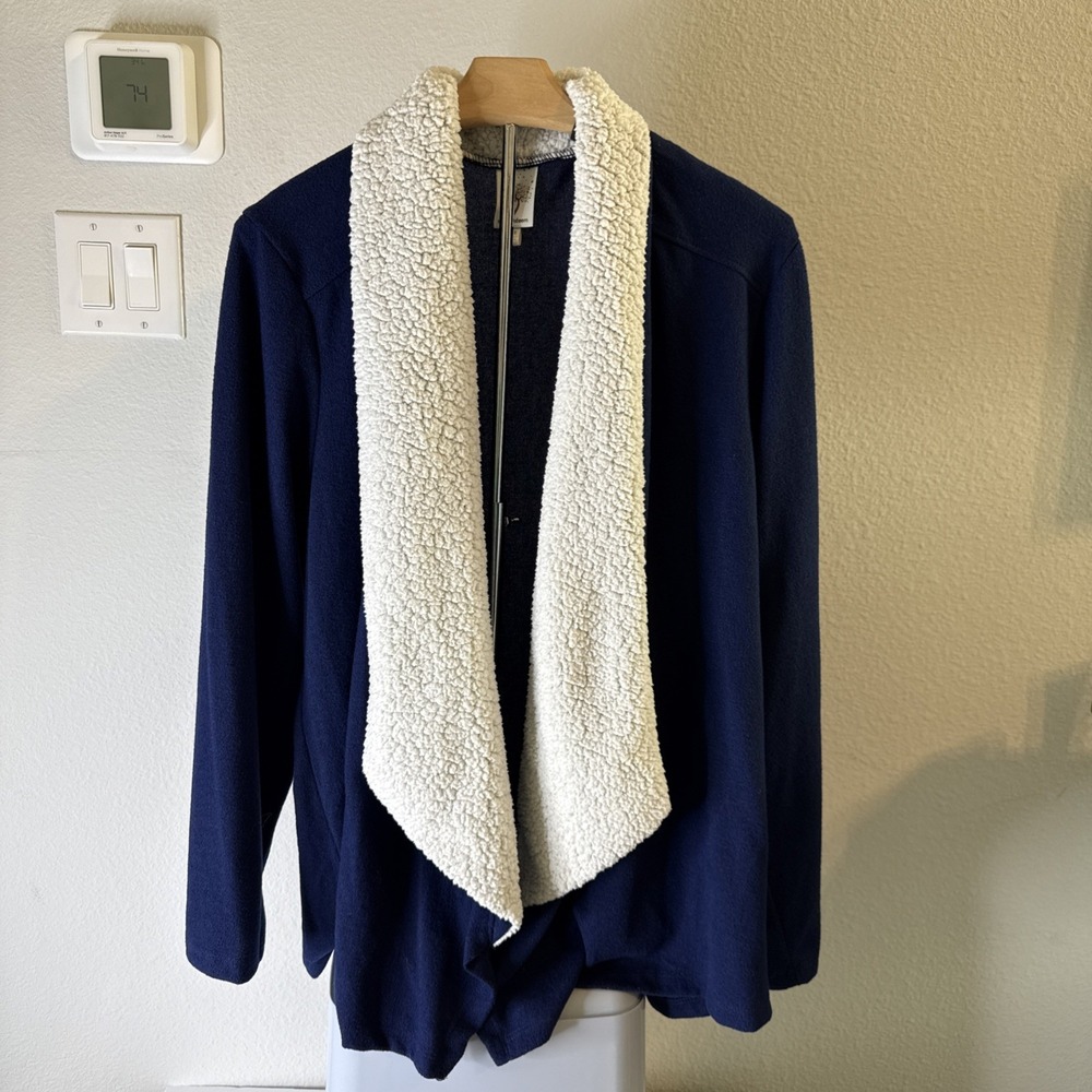 Self Esteem Women's Knit Sherpa Collared Cardigan Sweater Blue Size 2XL